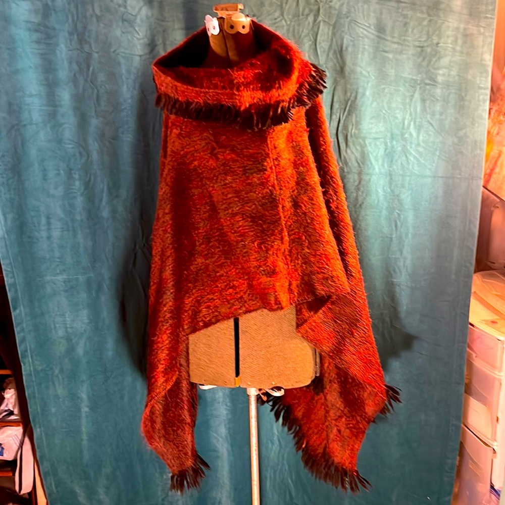 Gorgeous red, black and gold soft over the head shawl for any occasion.